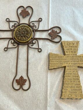 Two crosses wall decor. Floral metal cross & stone-like cross with love verse.